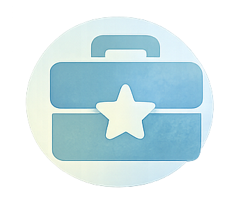 A round badge featuring a blue toolbox with a white star in the center.