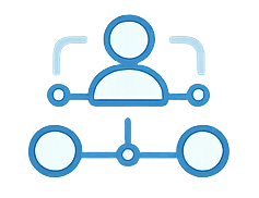 Icon of a person in front of a computer with another person on a video call or chat interface