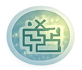 A circular icon with a maze, a person, and an exit sign inside, likely representing a puzzle or escape room.