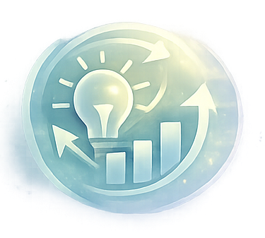 A light bulb with upward trending arrows, bar graph, and circular arrows around it, symbolizing innovation and growth