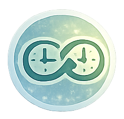 A stylized graphic of two clocks connected by an infinity symbol, representing time or timelessness.