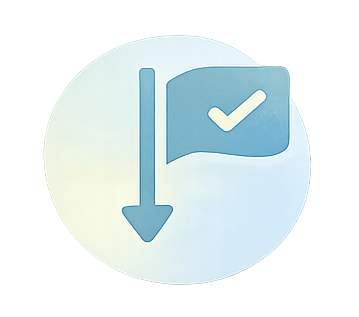 A downward arrow with a flag featuring a check mark, all in a circular icon