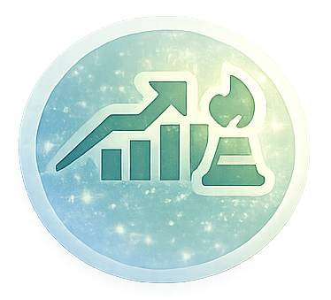 Illustration of a bar chart with an upward arrow, a flask, and a circle with a check mark, symbolizing growth and scientific achievement.