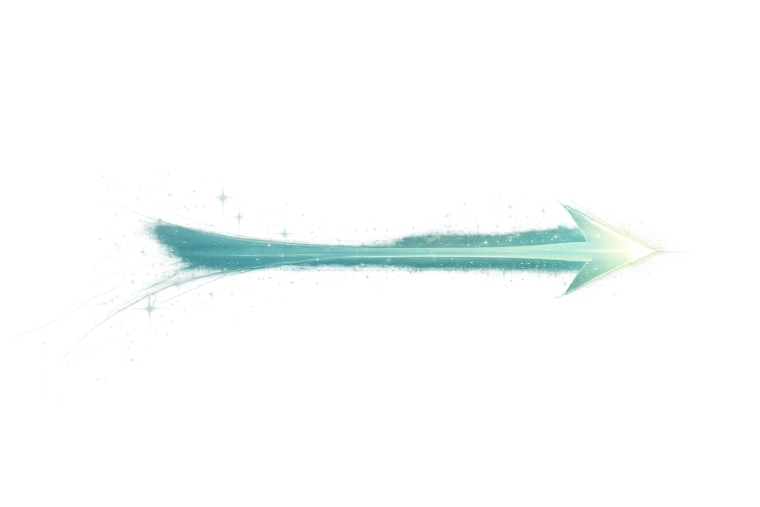 Bright glowing arrow pointing to the right, set against a soft teal background with sparkles and light trails.