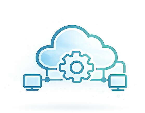 A digital illustration of a cloud connected to two computer screens with a gear in the center, symbolizing cloud computing or data synchronization.