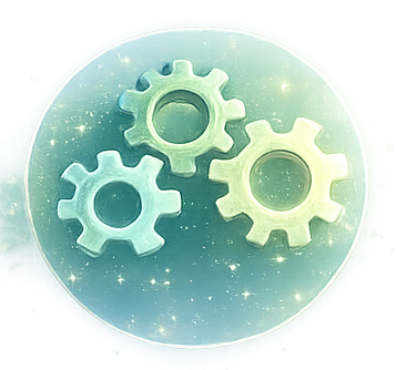 Three interlocked gears inside a transparent sphere with a glowing, galaxy-like background.