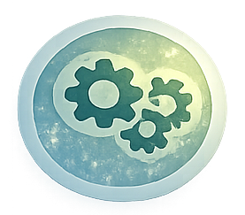 Close-up of three gear icons inside a circular window