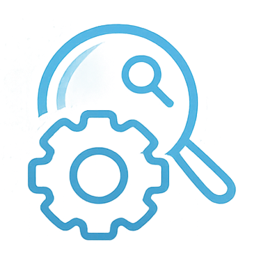 Illustration of a magnifying glass overlaid on interconnected gears, symbolizing search, analysis, or troubleshooting.