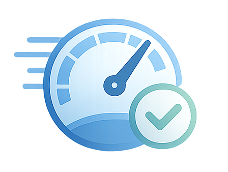 Speedometer and check mark icon indicating quick or confirmed performance.