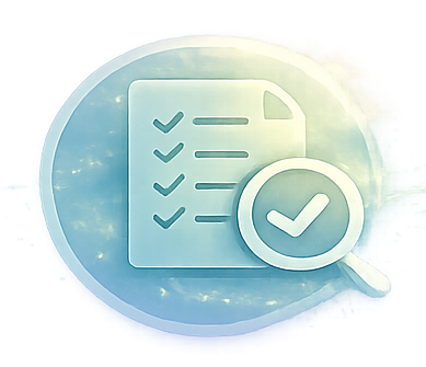 Digital icon of a checklist with checkmarks inside a circle and a magnifying glass with a checkmark, on a cloudy background.