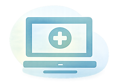 Illustration of a laptop computer with a medical cross symbol on the screen.