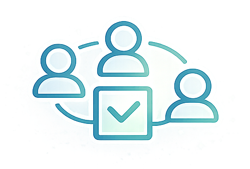 Illustration of three people connected with lines, with a checkmark inside a square at the center.