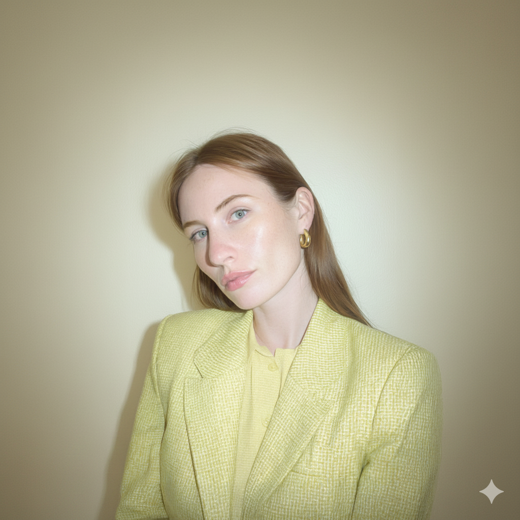 Eine junge Frau mit hellblauen Augen und rotem Haar trägt eine gelbe Jacke und eine passende Bluse, vor einem hellen Hintergrund.