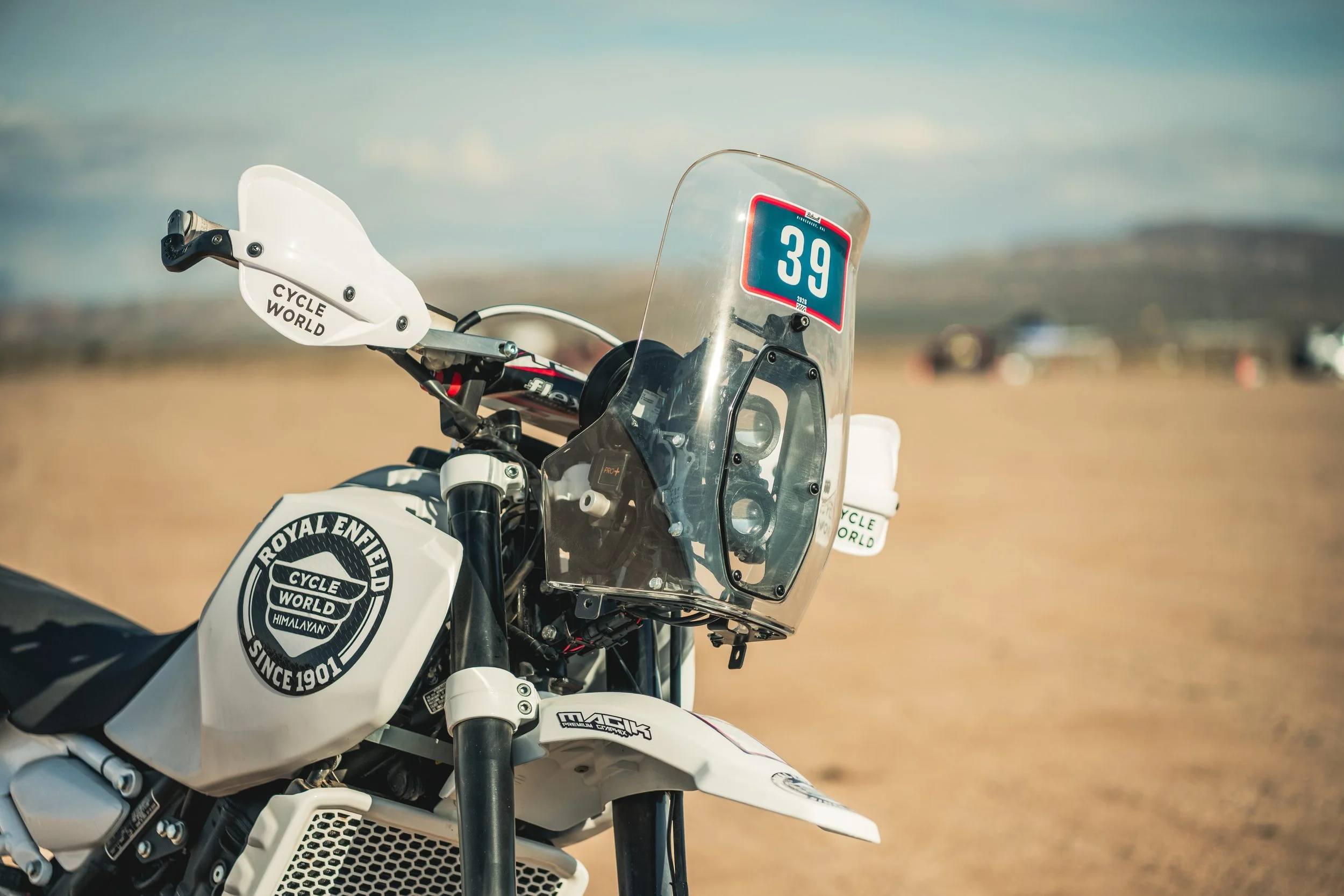 Close-up of a Royal Enfield Himalayan with race number plate for Cycle World