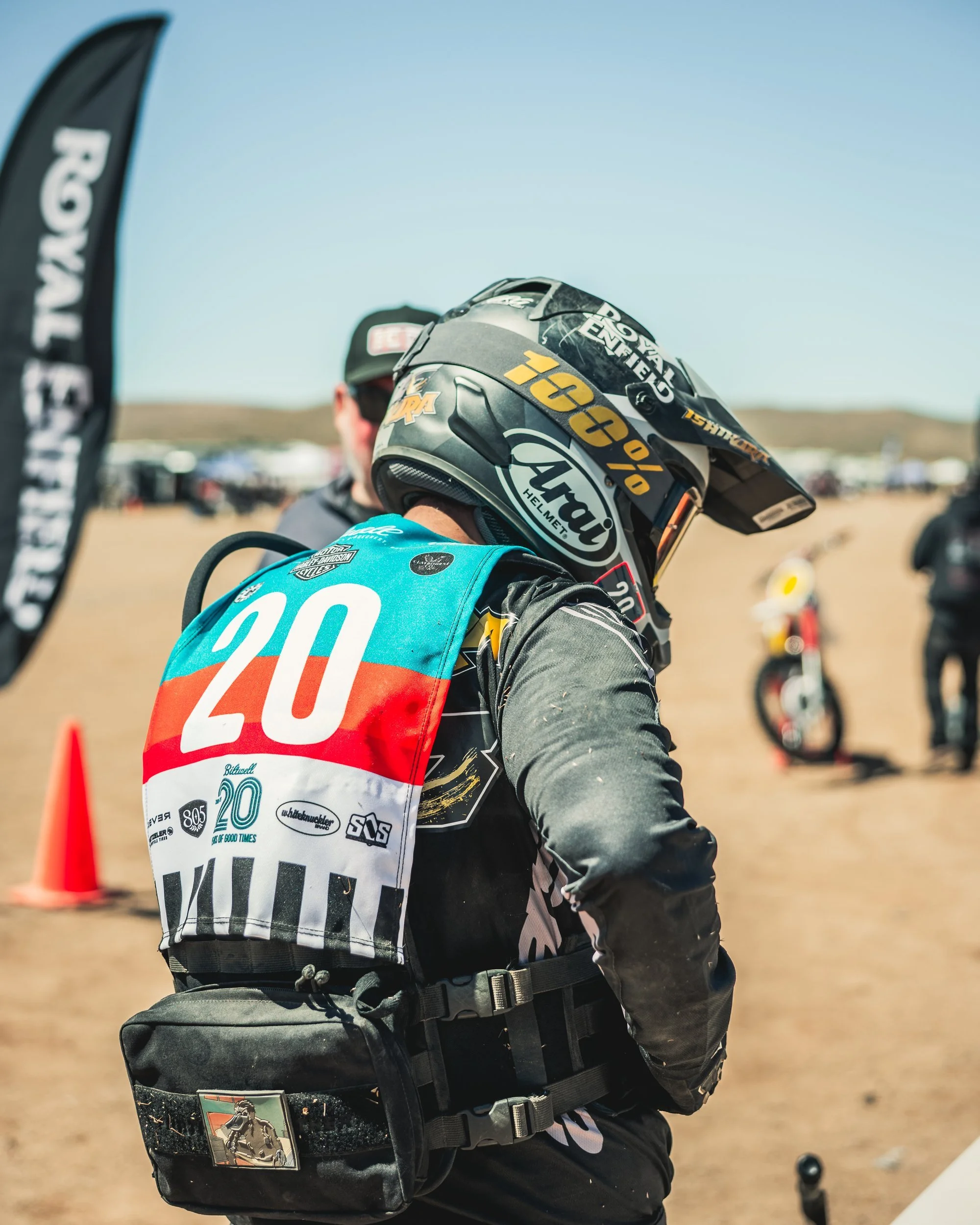 Royal Enfield racer number 20 in helmet at the Biltwell 100
