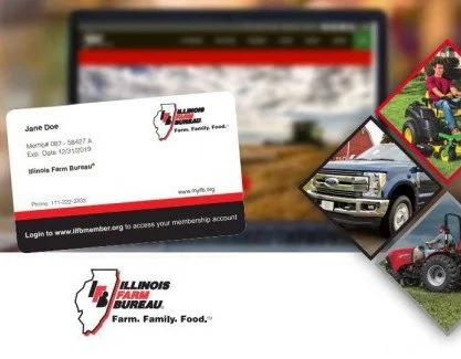 A computer screen displaying an Illinois Farm Bureau login page, a membership card with the Illinois Farm Bureau logo, and images of farm equipment and vehicles including a tractor, a car, and a lawn mower.