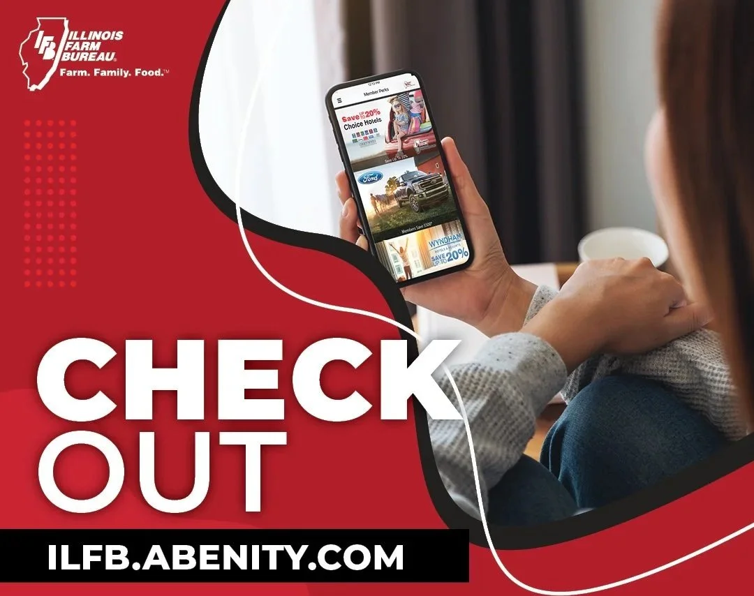 An advertisement promoting Illinois Farm Bureau showing a person holding a smartphone displaying discounts on various products and services, with the Illinois Farm Bureau logo and website URL ILFB.ABENITY.COM.