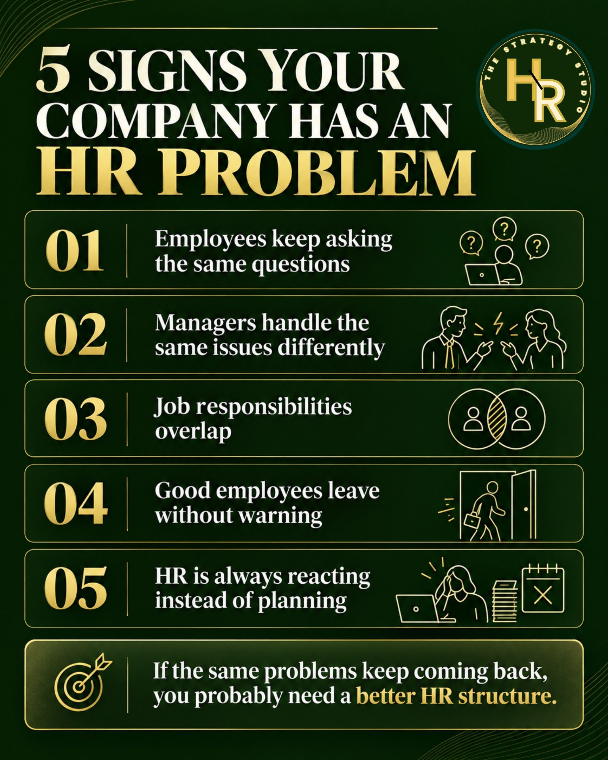 IF THE SAME FIRE KEEPS RETURNING, CHECK THE STRUCTURE

Warning signs include:

* High employee turnover
* Unclear ownership
* Inconsistent manager decisions
* Repeated policy questions
* Onboarding that depends on memory
* Every issue escalating to t