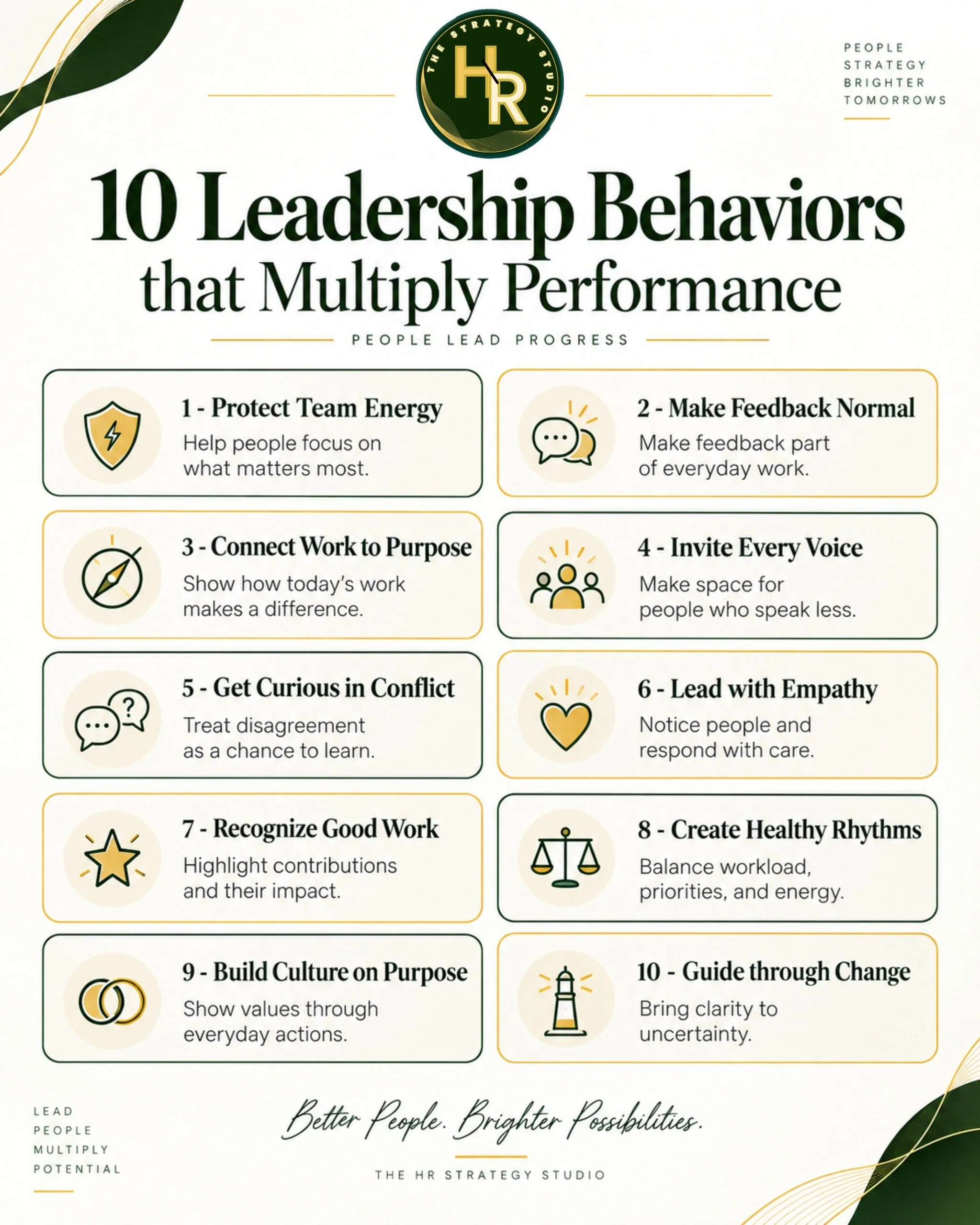 10 LEADERSHIP CHOICES YOUR TEAM FEELS EVERY DAY.

Ask what is getting in the way before judging performance.

Clarify priorities when everything feels urgent.

Explain why the work matters.

Invite quieter voices into the conversation.

Remove a task