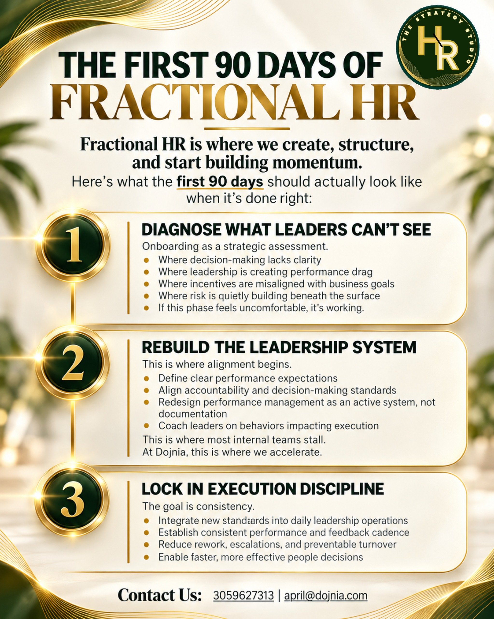 The first 90 days of Fractional HR should create clarity, structure and momentum.

It starts with understanding what leadership may not be seeing, identifying where accountability or performance systems are breaking down and then putting stronger rou