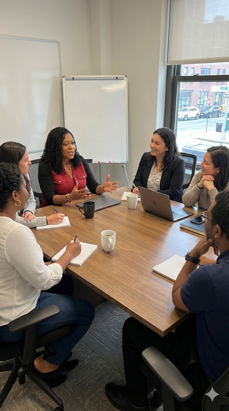 A diverse group of people in a business meeting around a wooden conference table, with one woman speaking and others listening and taking notes, in a modern office with large windows.