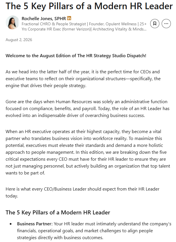Screenshot of an article titled 'The 5 Key Pillars of a Modern HR Leader,' authored by Rochelle Jones, dated August 2, 2026, published in The HR Strategy Studio Dispatch, discussing the evolving role of HR leaders, their responsibilities, and key expectations.