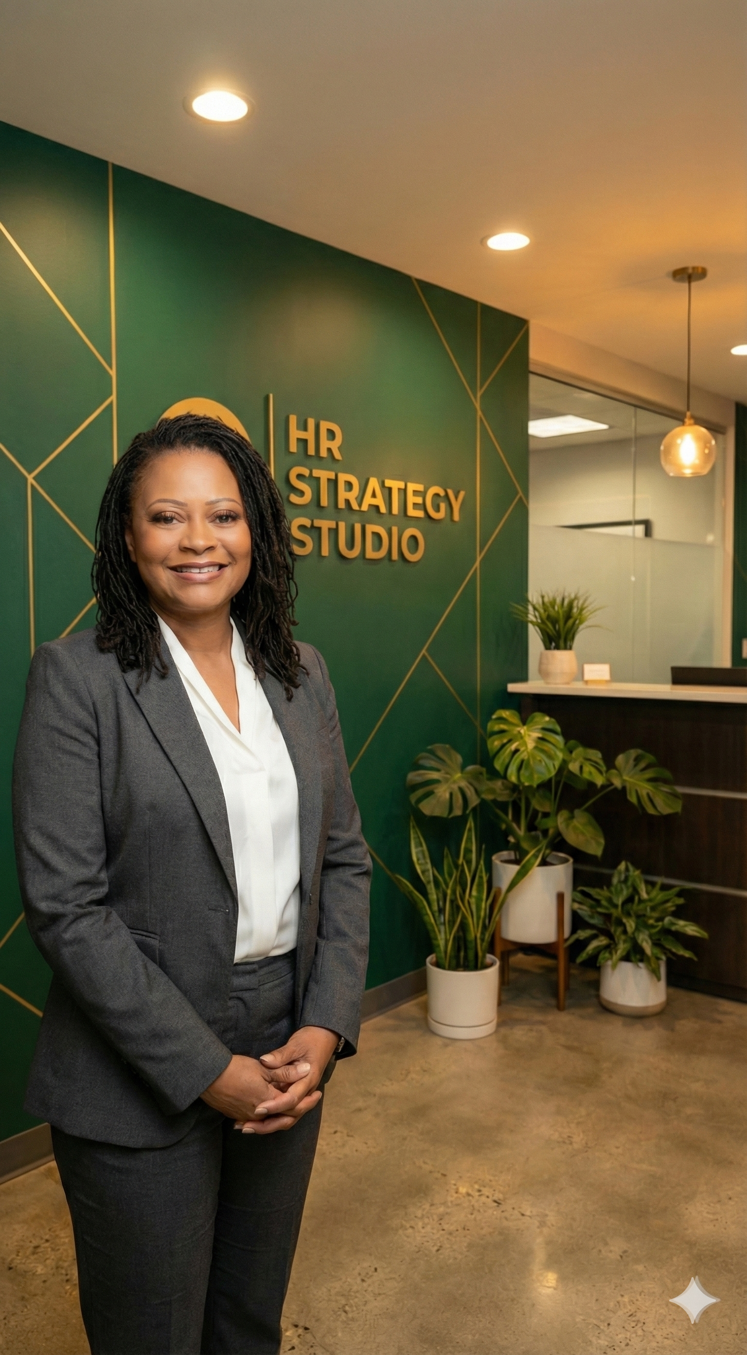 A professional woman standing in the HR Strategy Studio, smiling, wearing a gray suit and white blouse, with green plants and a reception desk in the background.
