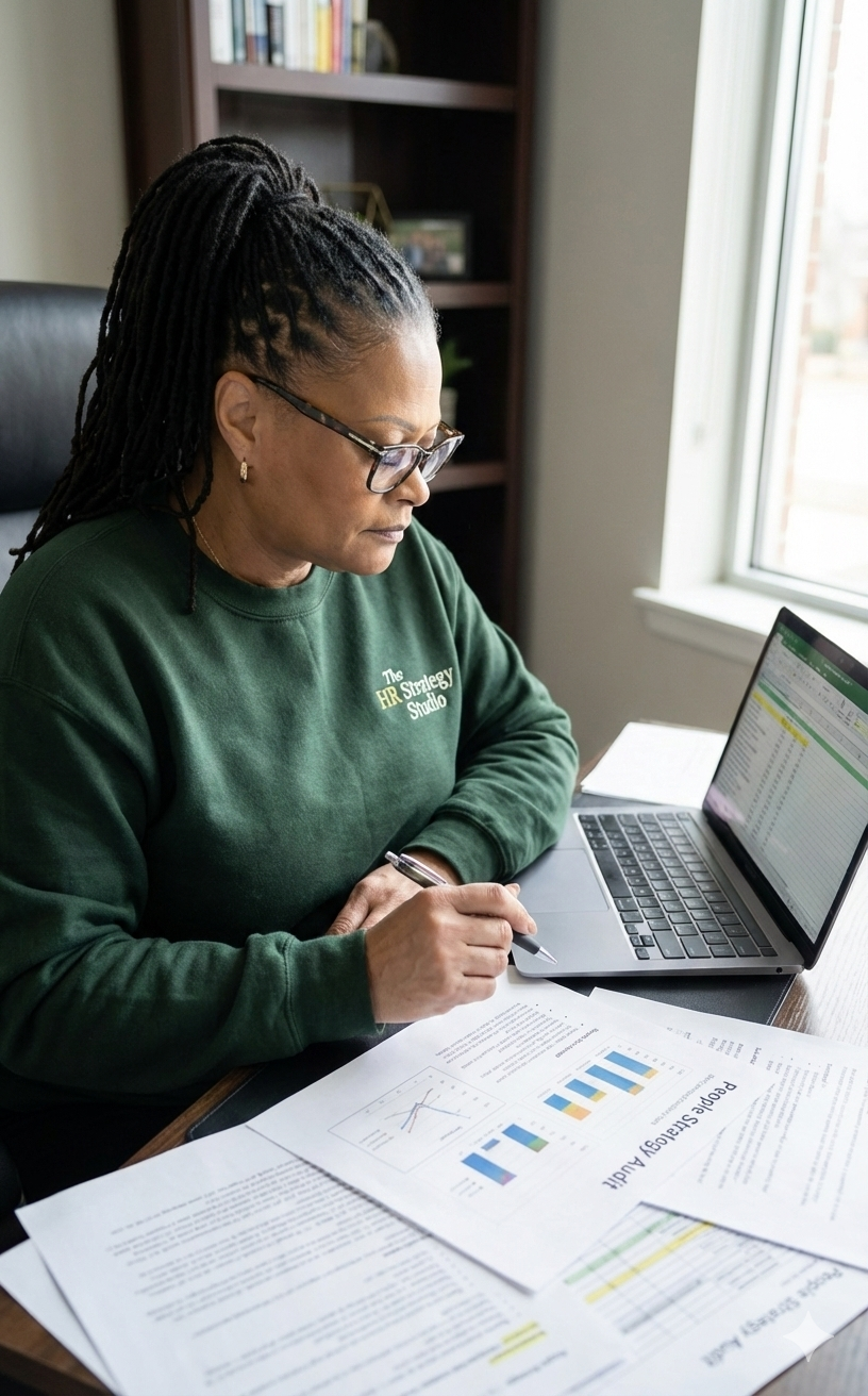 Woman working with financial charts and data on a laptop and papers on a wooden table, near a window.