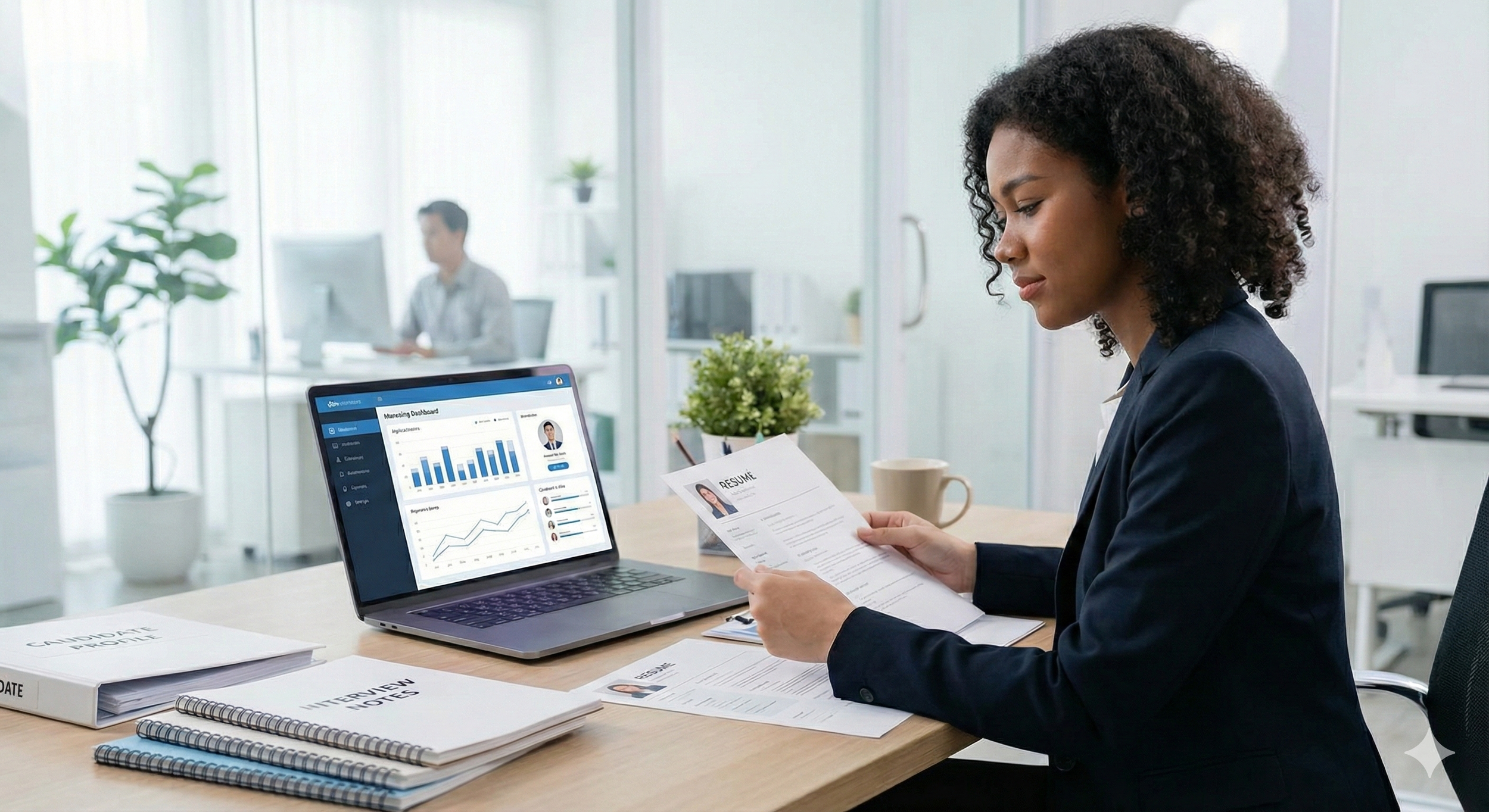 Businesswoman reviewing her resume at a desk with a laptop displaying a dashboard of graphs and data, in a modern office setting.