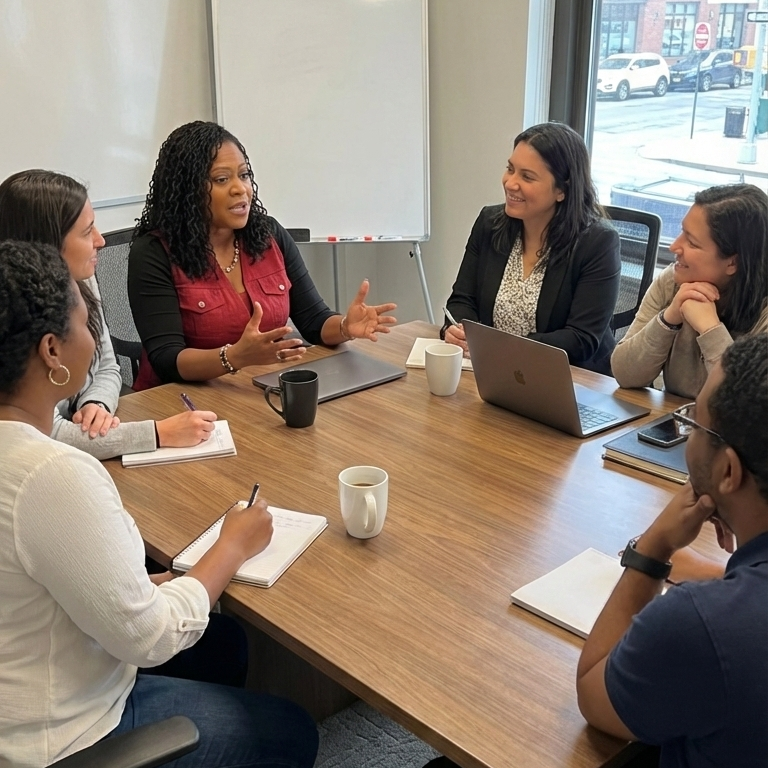 Women having a meeting around a conference table with notebooks, laptops, and coffee mugs, in a bright office with a window showing a city street.