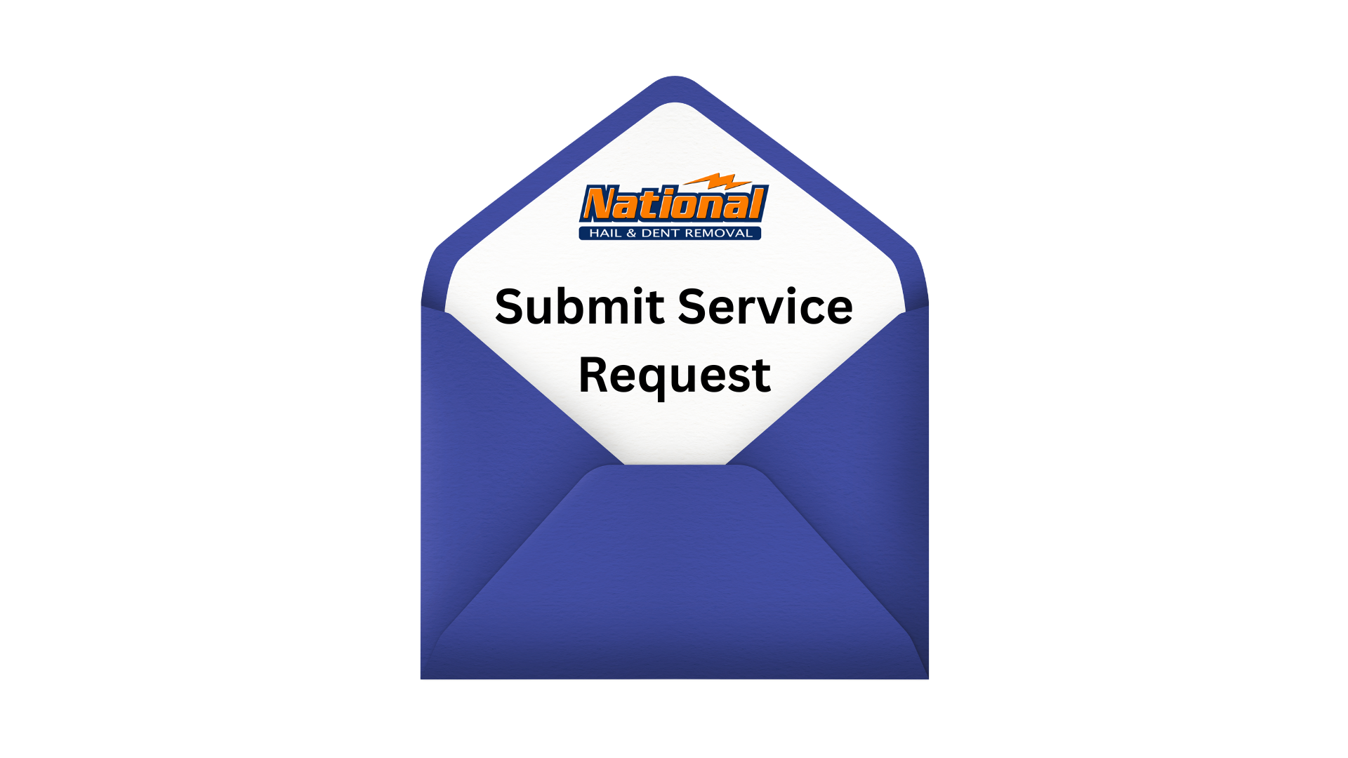 A blue envelope with a white diamond-shaped flap featuring the logo of National Hail & Dent Removal and the text 'Submit Service Request'.