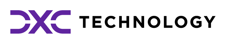 Purple DXC Technology logo on a black background.