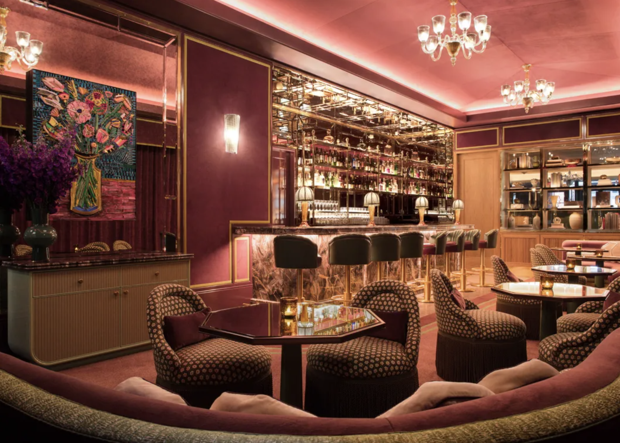Image of Titsou's Bar at Foquet's with lush velvet and dark pink color