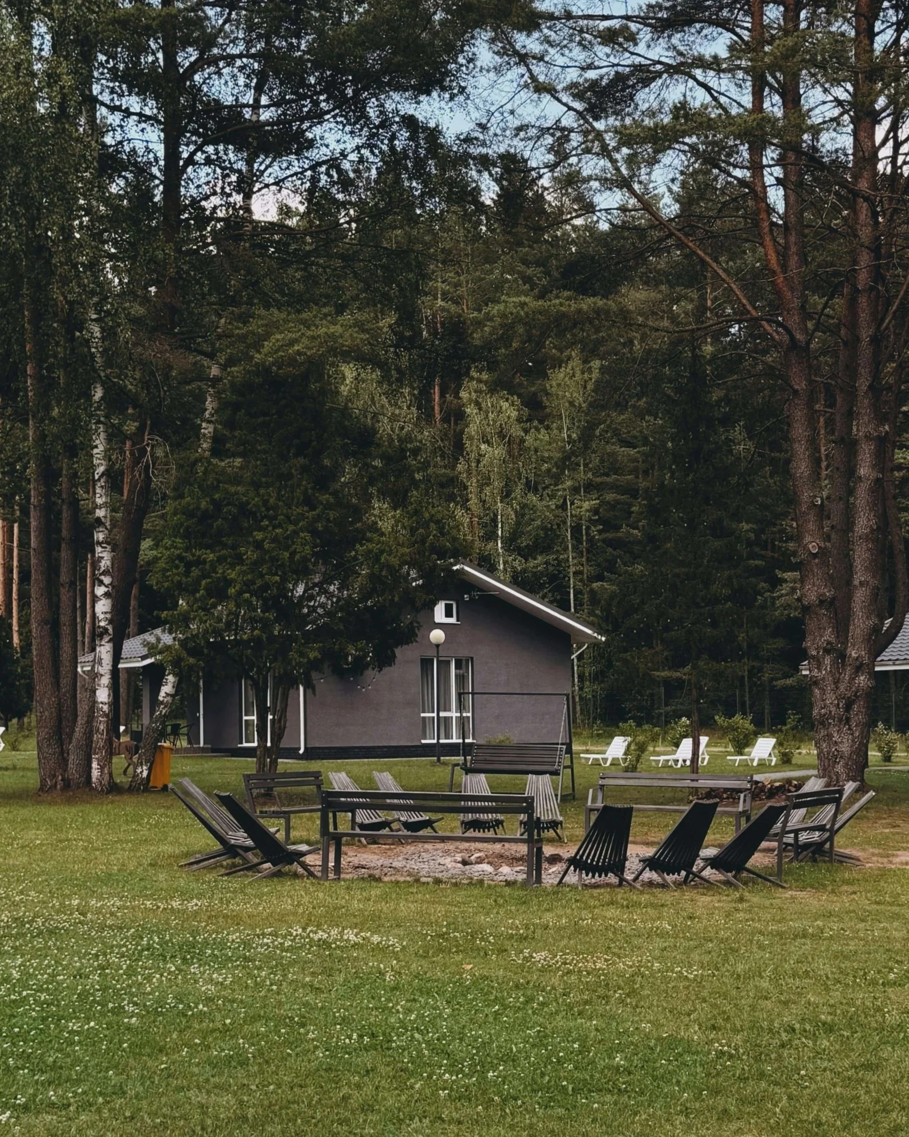 Image of a wooden cabin in the woods with grass in the foreground