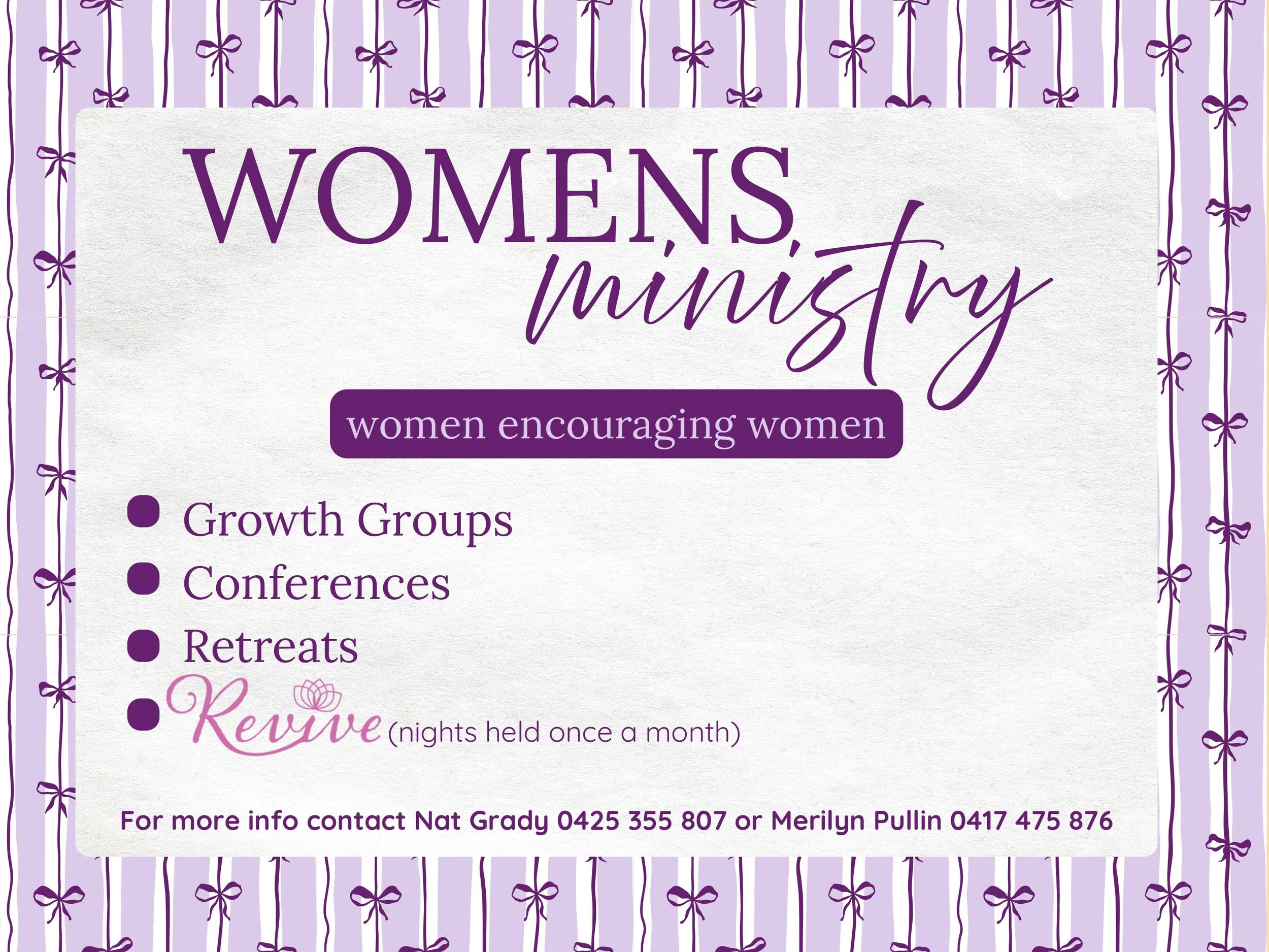 A promotional poster with a purple and white color scheme for a women's ministry, featuring the words "Women’s Ministry" with a boutique-style font, and information about growth groups, conferences, retreats, and a women's night called "Rewire." The background has a border of purple vertical lines with small bows.