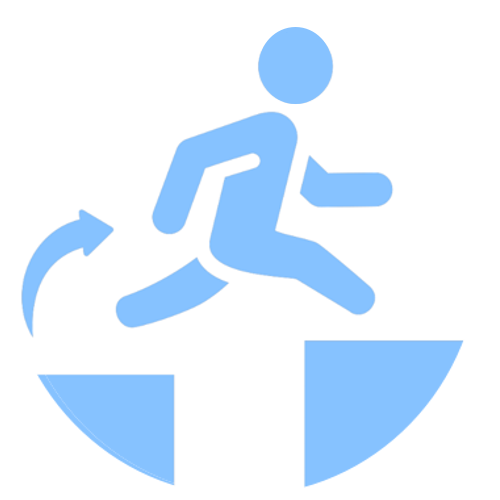Icon of a person running and jumping over an obstacle, depicted in blue, on a white circular background.