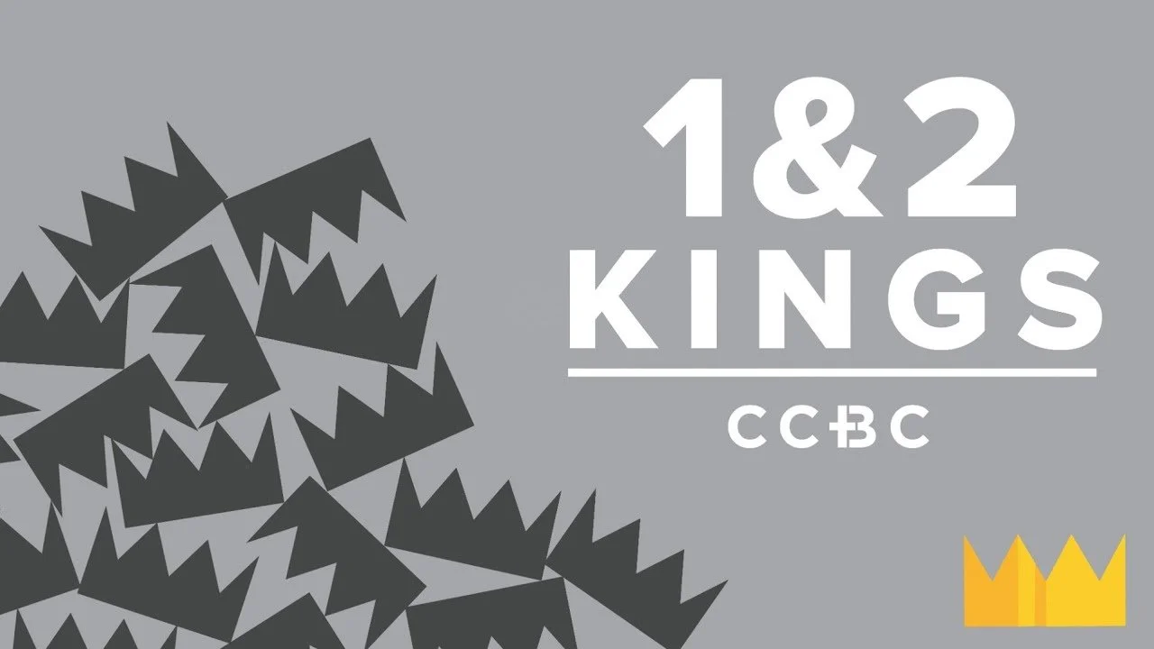 Graphic with gray background featuring black crowns and the text '1 & 2 KINGS', 'CC BC', and a small yellow crown in the bottom right corner.
