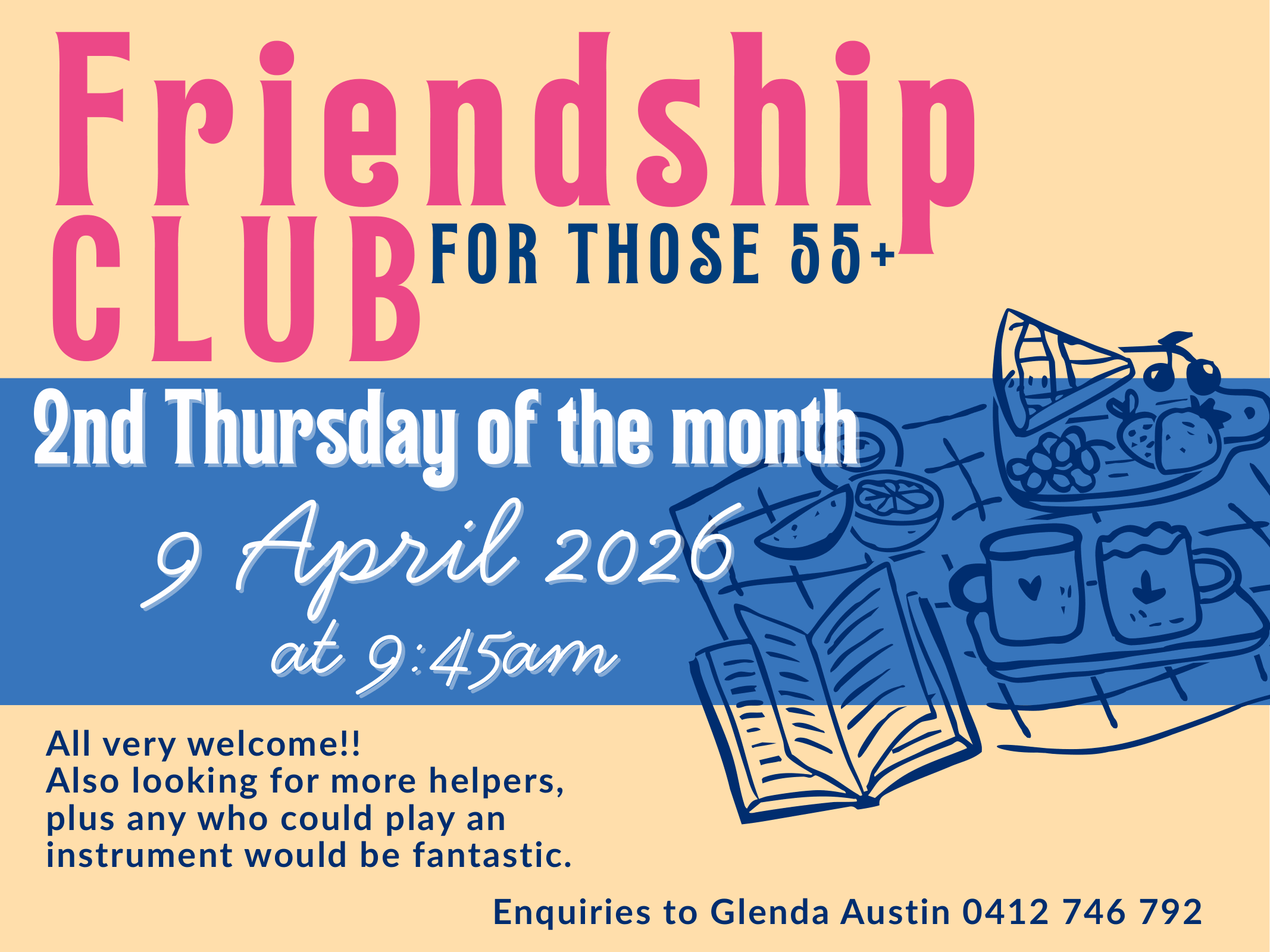 Flyer for a friendship club for people aged 55 and older, meeting on the second Thursday of each month, featuring an illustration of a picnic with food, drinks, and an open book.