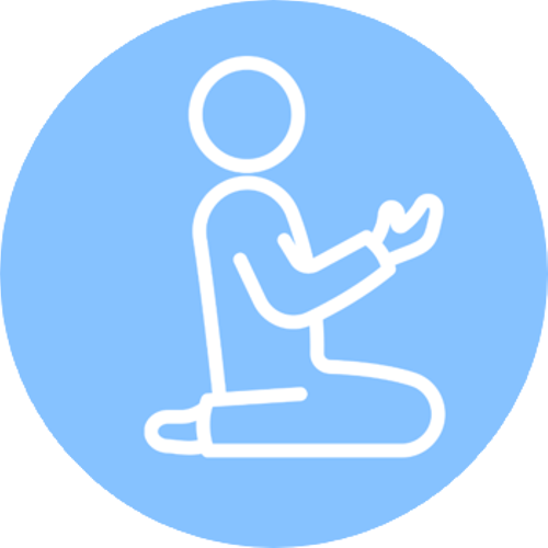 Line drawing of a person kneeling with hands raised as if praying or meditating, inside a light blue circle.