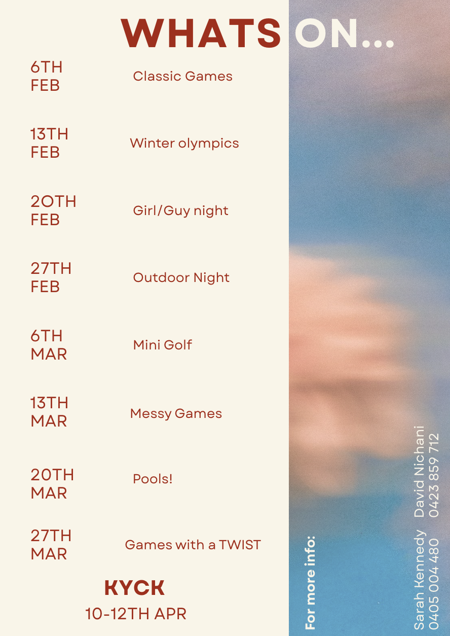 Event schedule listing dates and activities, including classic games, winter olympics, girl/guy night, outdoor night, mini golf, messy games, pools, games with a twist, and KYCK camp, with contact information at the bottom.