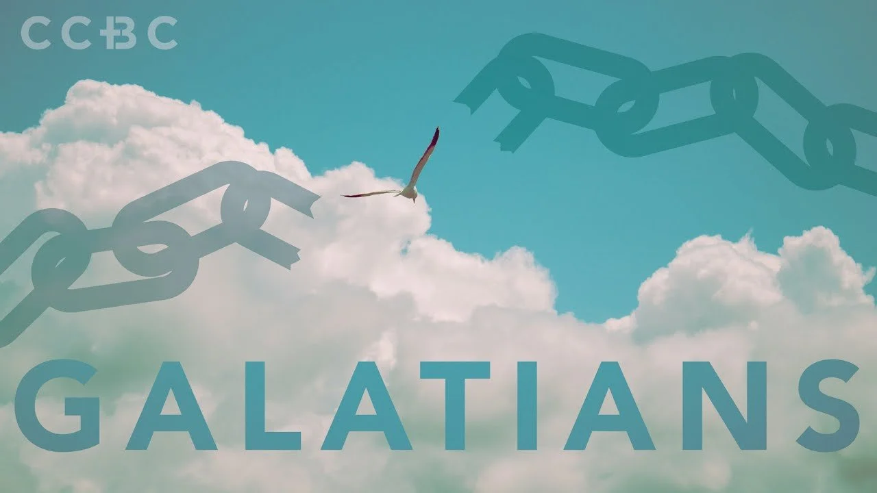 A bird flying in the sky with clouds, the word 'Galatians' at the bottom, and chains in the background, with a logo in the top left corner.