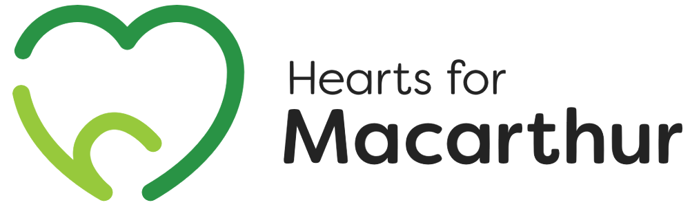 Logo for Hearts for Macarthur, featuring a stylized green heart with a smaller heart outline inside, and the text 'Hearts for Macarthur' next to it.