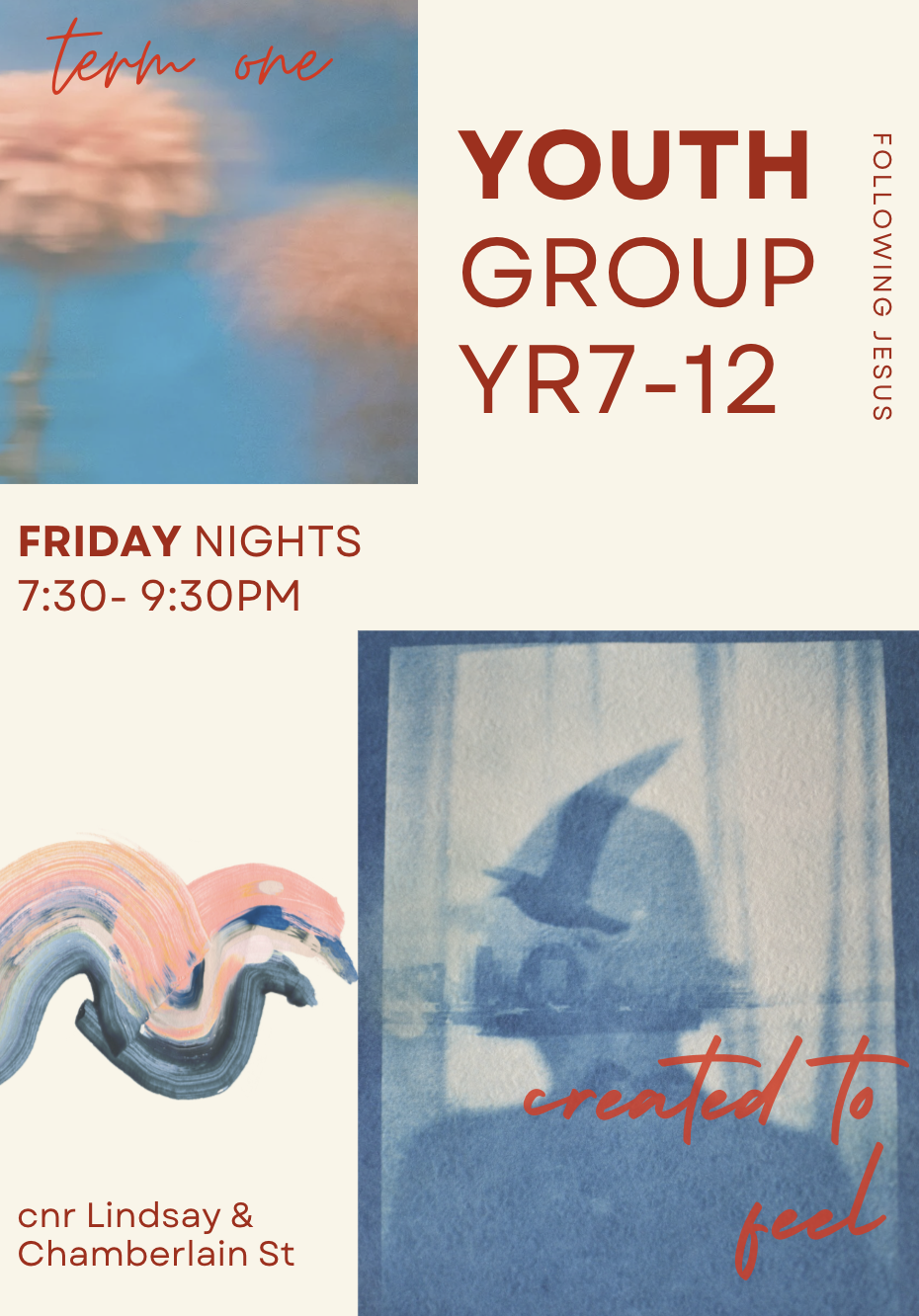 Flyer for a youth group for ages 7-12, meeting on Friday nights from 7:30 to 9:30 PM at the corner of Lindsay and Chamberlain Street. Features abstract and blurred images with a bird silhouette and colorful swirls. Text highlights the term one, following Jesus, and that the flyer was created to feel.