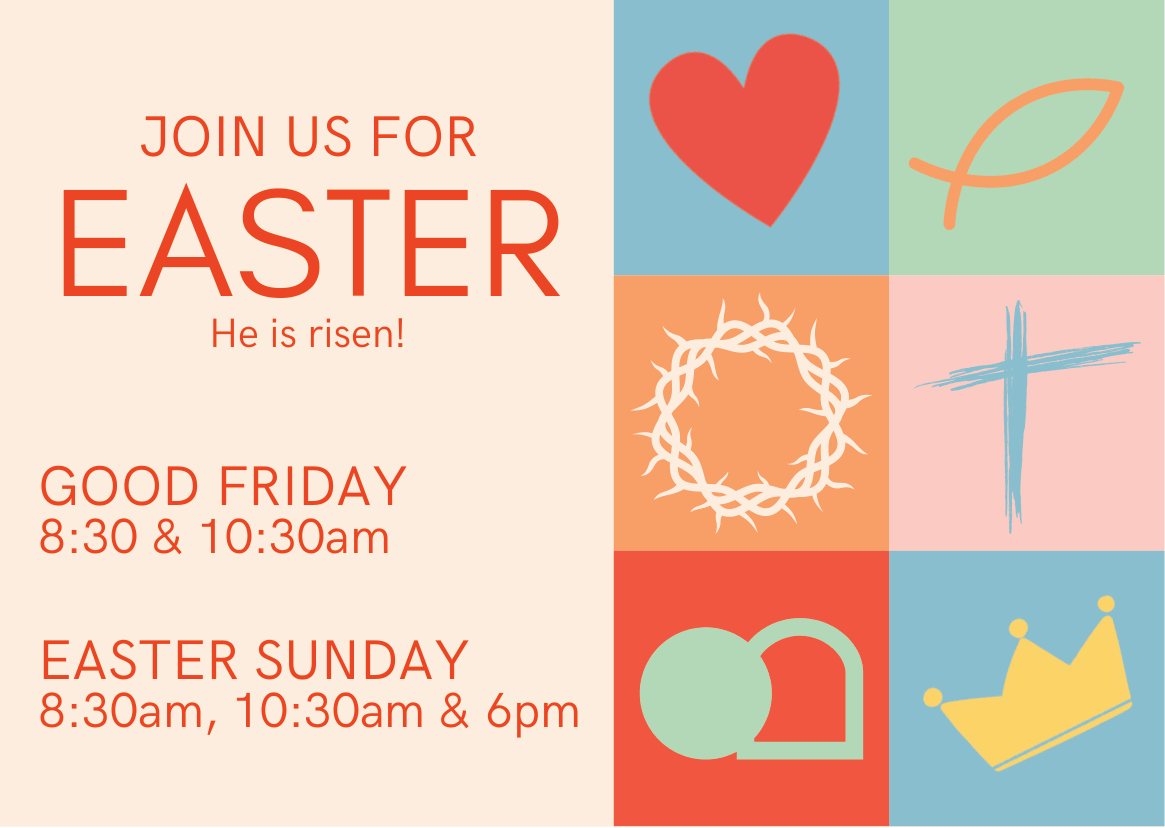 Invitation to an Easter celebration with events on Good Friday and Easter Sunday, decorated with symbols including a heart, leaf, crown of thorns, cross, egg, and crown.