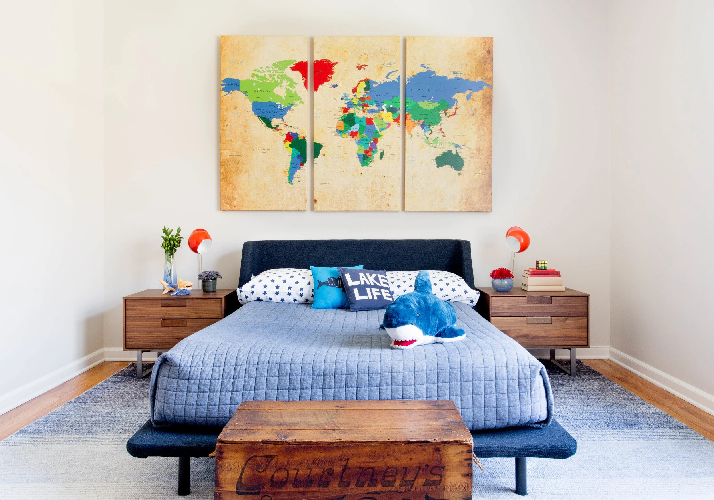 Bedroom for a young boy in primary colors designed by Westport Connecticut interior designer Caroline Kopp