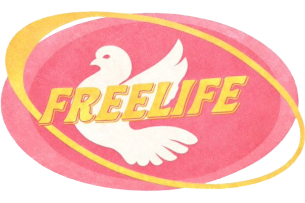 A white dove with the yellow text "FREELIFE" in front of it; Freelife Logo