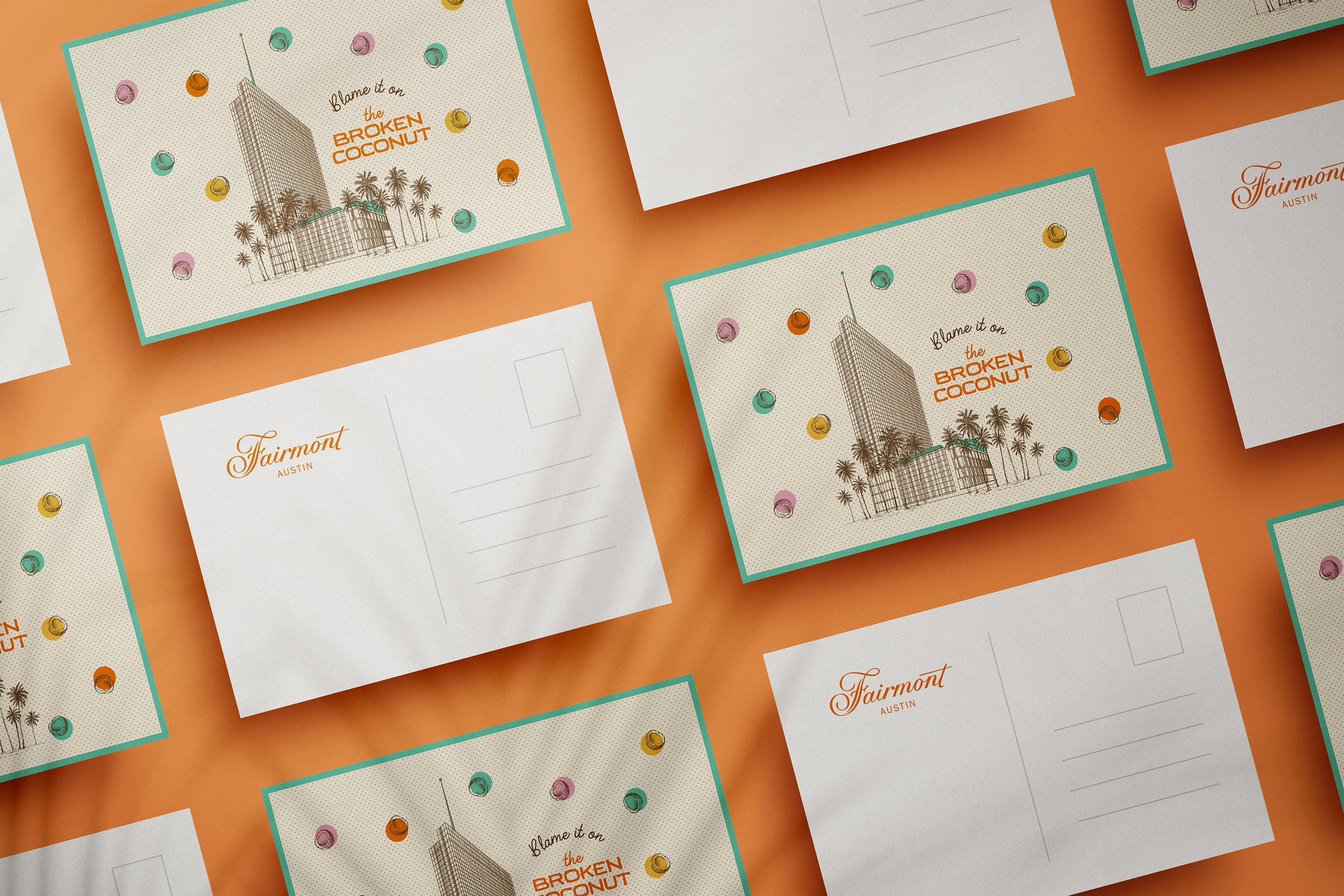 A collection of postcards with a design featuring a Fairmont Austin building, palm trees,  with the text "Blame it on the Broken Coconut."