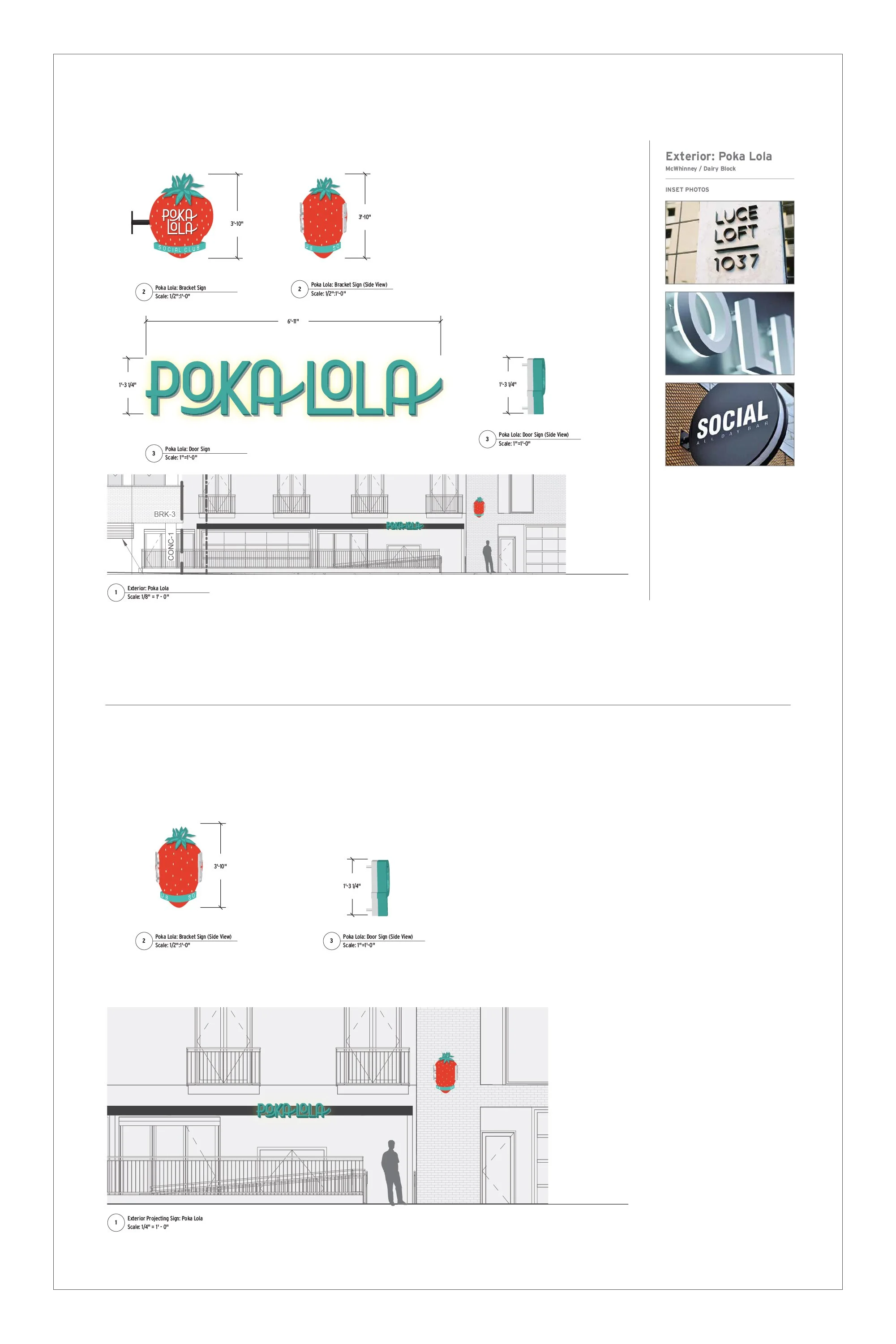 Design plan includes a logo with a strawberry shape and the text 'POKA LOLA', illuminated signage, and a storefront exterior with decorative strawberries and signage.