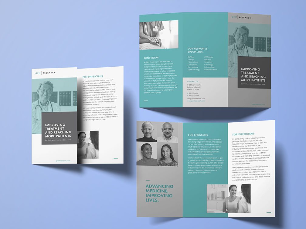Tri-fold brochures for a research organization focused on improving treatment and reaching more patients, featuring images of medical professionals and research staff.
