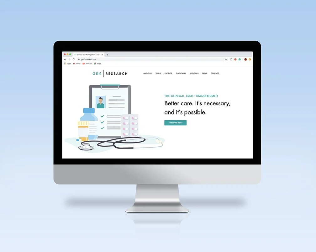 Computer monitor displaying a medical research website with images of medication, a stethoscope, and a clipboard.